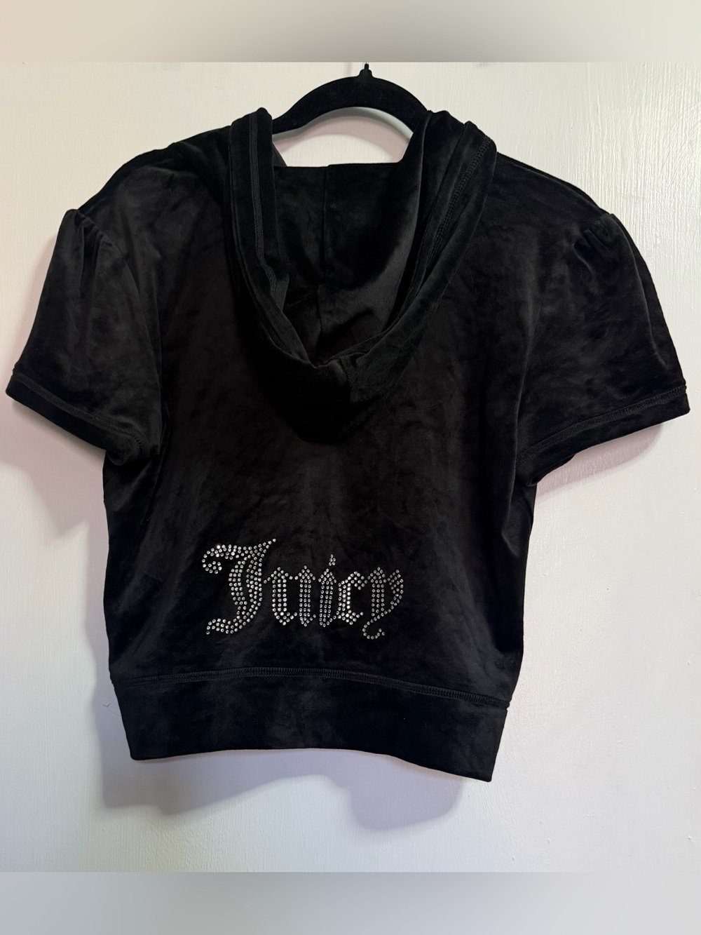 Juicy Couture Black Velour Short Sleeve Hoodie with Rhinestone 'Juicy' Logo